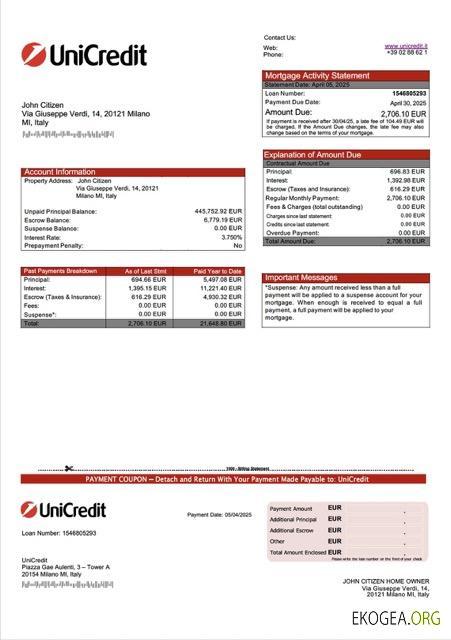 Modèle Word et PDF de relevé hypothécaire Italie UniCredit